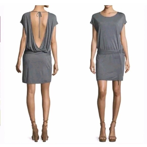 HAUTE HIPPIE Sz L Gray Open Back Tie Date Night Cap Sleeves Club Mini Dress - Picture 1 of 8